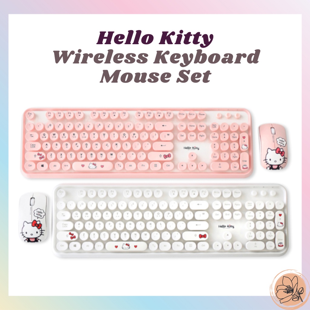 Bộ Bàn Phím Không Dây + Chuột Hình Hello Kitty Màu Hồng Hoặc Trắng