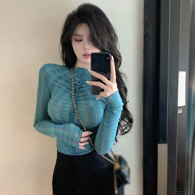 Áo Lưới Tay Dài Cổ Lọ Trong Suốt Thời Trang Mùa Hè Phong Cách Hàn Quốc