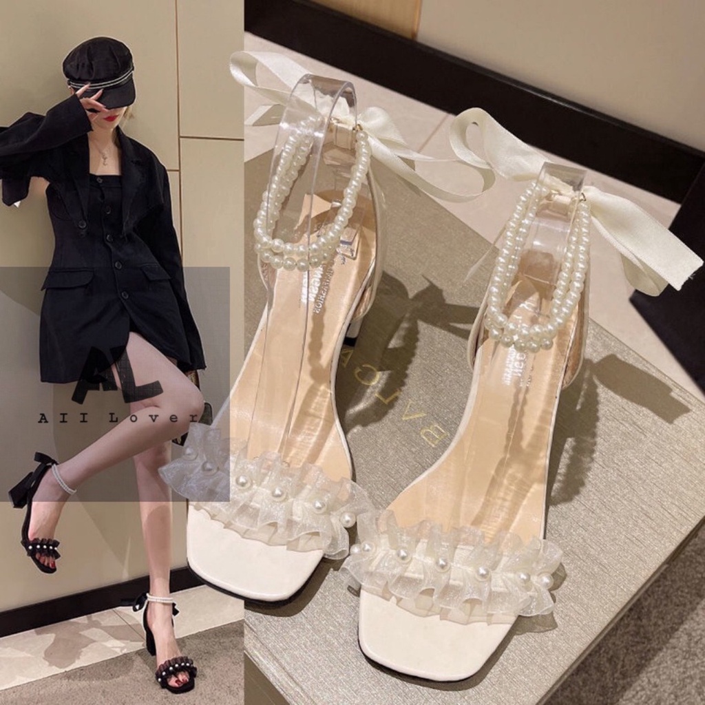 GIÀY NỮ QUAI NGANG GÓT VUÔNG 6CM - SANDAL NỮ QUAI HẬU ĐÍNH NGỌC CỘT NƠ S02