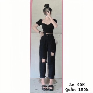 Baggy jeans lưng cao đen rách 2ô