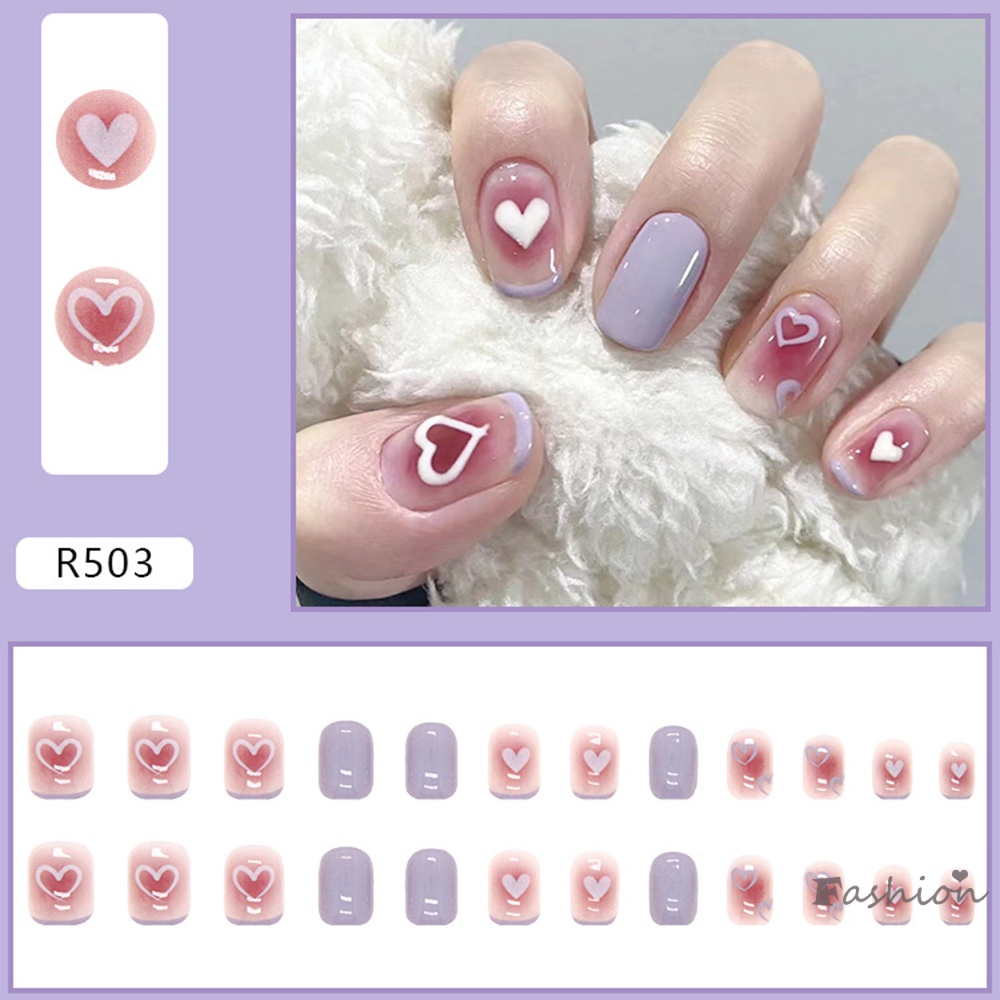 Bộ Móng Tay Giả Ngắn Bằng Acrylic Bóng Màu Xanh Dương Phong Cách Pháp Thời Trang Cho Nữ