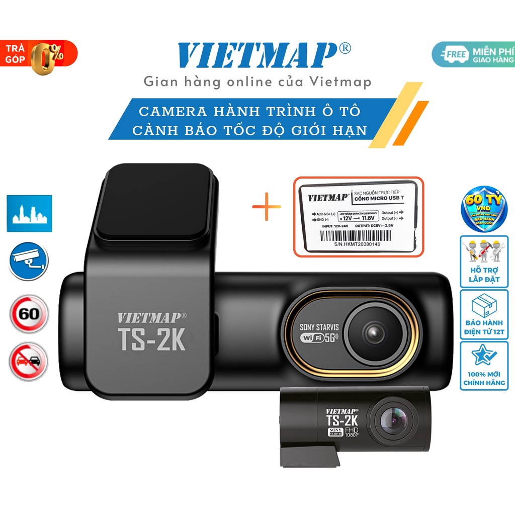 Camera hành trình Vietmap TS-2K kèm sạc ACC - Cảnh báo giao thông bằng giọng nói ghi hình trước sau - Hàng chính hãng
