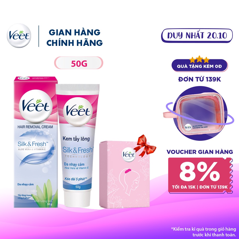 Combo 1 Kem tẩy lông Veet cho da nhạy cảm 50g tặng 1 Hộp dây cột tóc