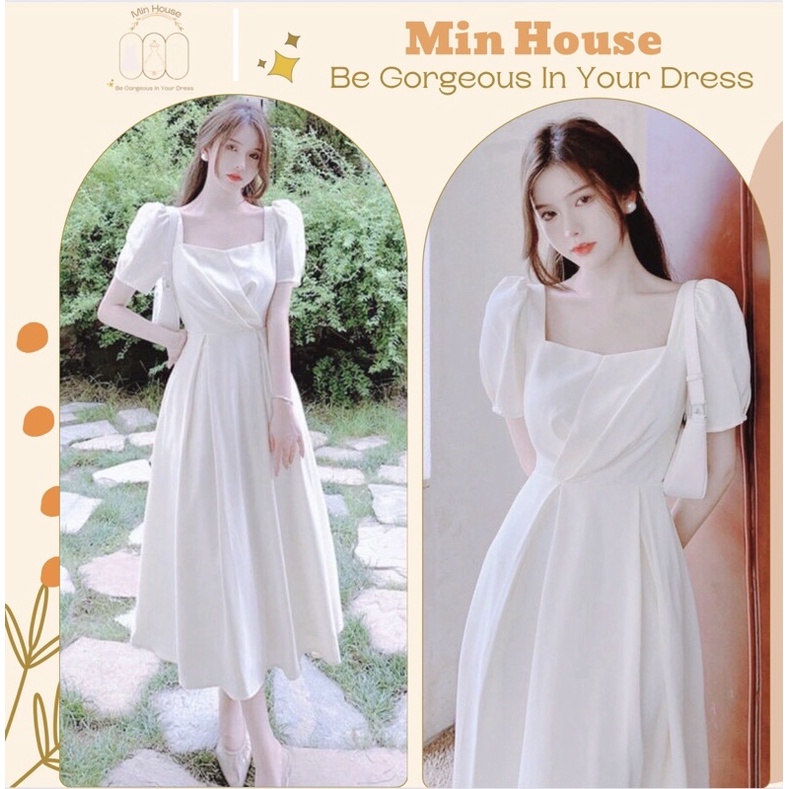 váy trắng dự tiệc tiểu thư dáng dài siêu xinh-Hàng cao cấp-váy đầm nữ trắng cổ vuông đi chơi tết,chụp ảnh kỷ yếu đẹp