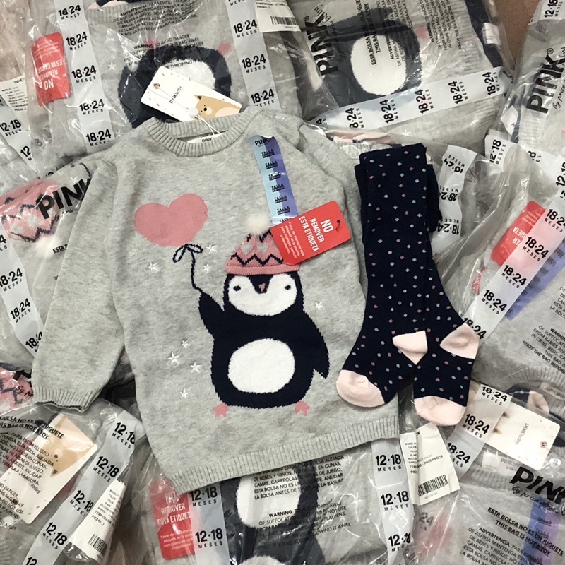 Set áo len kèm quần tất bé gái