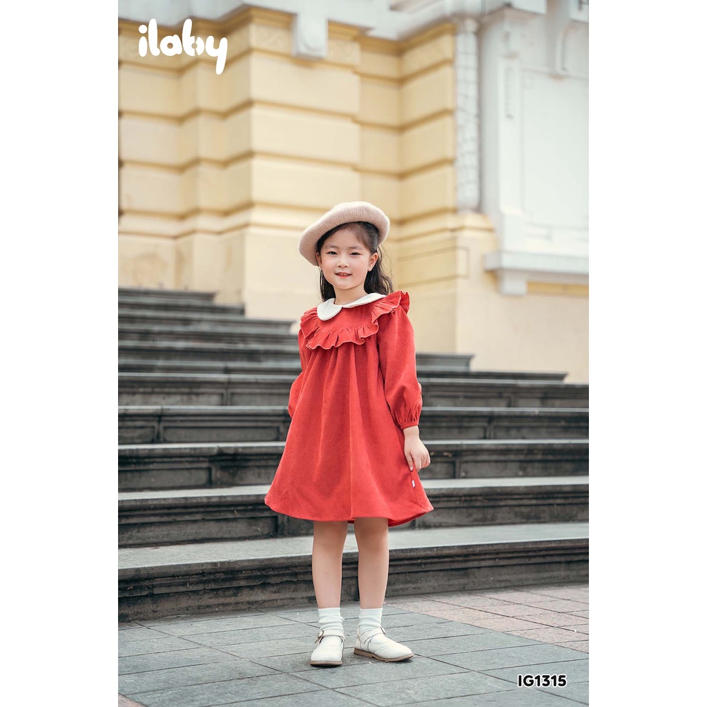 Váy nhung bé gái ILABY cổ phối can bèo chất liệu nhung tăm mềm mại cho bé 10-35kg