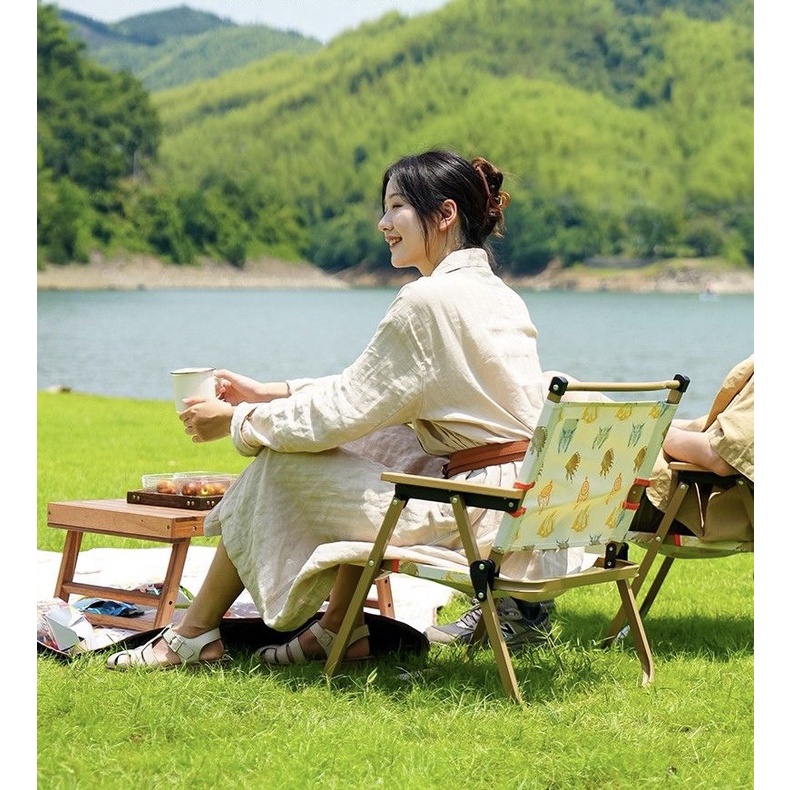 Ghế họa tiết nhôm gấp gọn Camping dã ngoại  Hợp Kim Nhôm Tay cầm Gỗ, Ghế gấp gọn đi picnic siêu tiện lợi