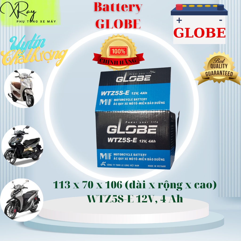 Ắc quy khô xe máy GLOBE 12V-4Ah WTZ5S-E dùng cho Lead, Blade, Air Blade, Air Blade Fi, Click, wave các đời, exciter...