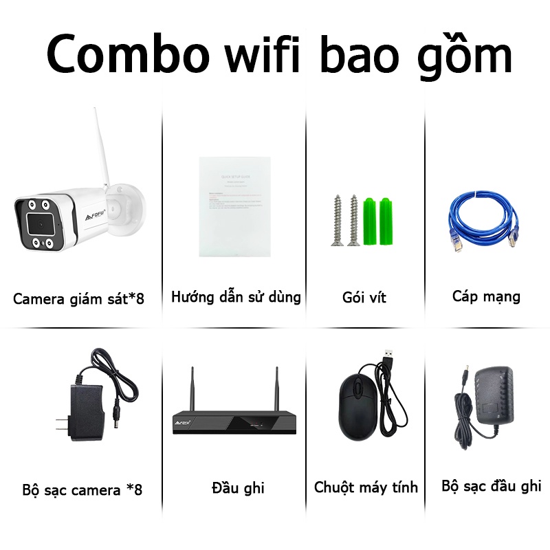 Bộ kit camera wifi 3.0MP,8 camera 3.0MP +1 đầu ghi NVR,Chuẩn chống nước IP67,Ban đêm có màu ,phát hiện chuyển động