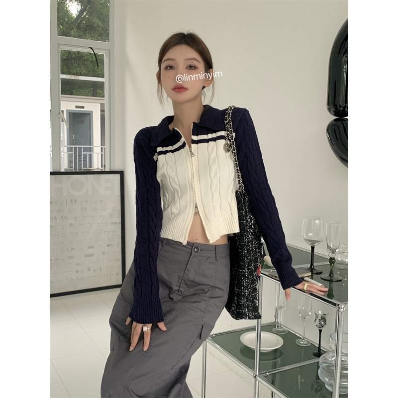 ZHELIHANGFEI Áo Khoác Cardigan Dệt Kim Tay Dài Cổ Bẻ Lưng Cao Quyến Rũ