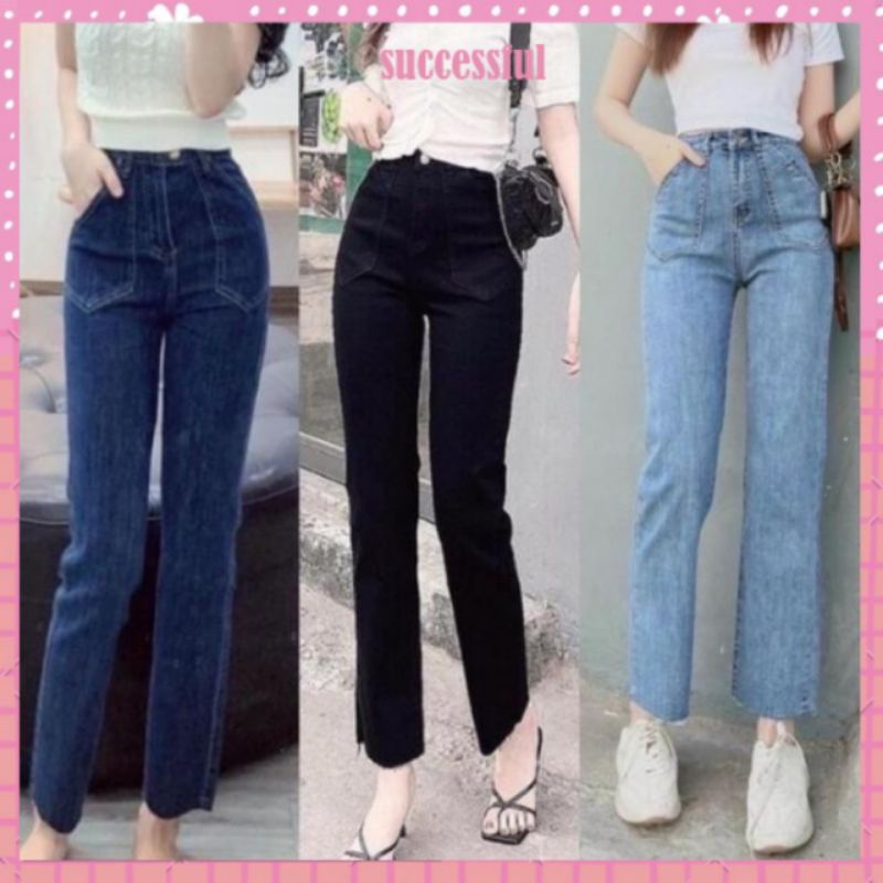 Quần bò jeans nữ cạp cao co dãn 4 chiều đàn hồi đen hack dáng hot hit 2022