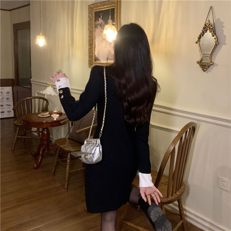 Đầm Dệt Kim Cao Cấp Cổ Chữ v Thắt Nơ Eo Màu Đen Thời Trang Mùa Thu Dành Cho Nữ