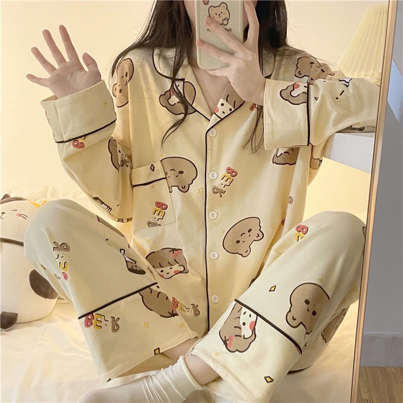 Bộ đồ ngủ FDS với áo dài tay họa tiết gấu dễ thương phong cách Hàn Quốc thời trang xuân thu cho nữ