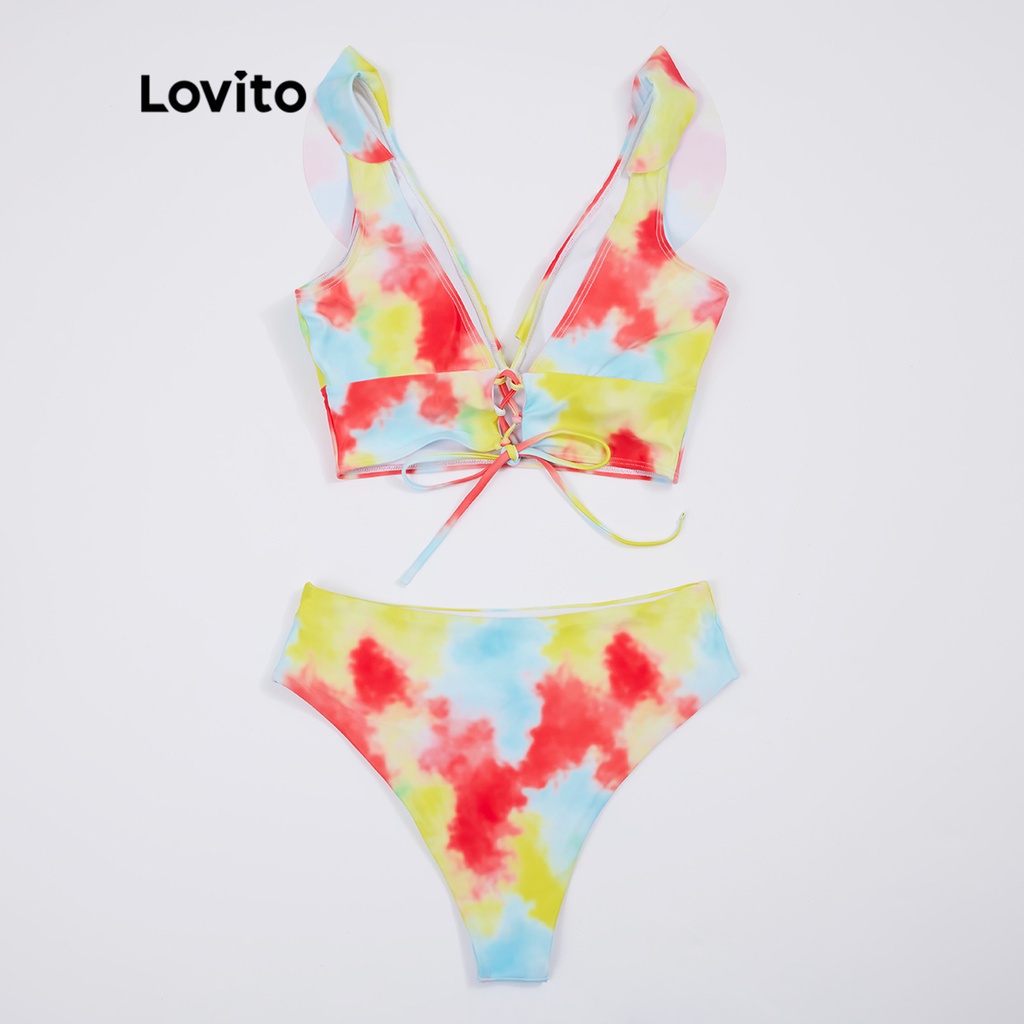 Set Bikini LOVITO dây thắt viền xếp ly họa tiết nhuộm màu loang phong cách boho các miếng đệm có thể tháo rời L18X383 (Màu vàng)