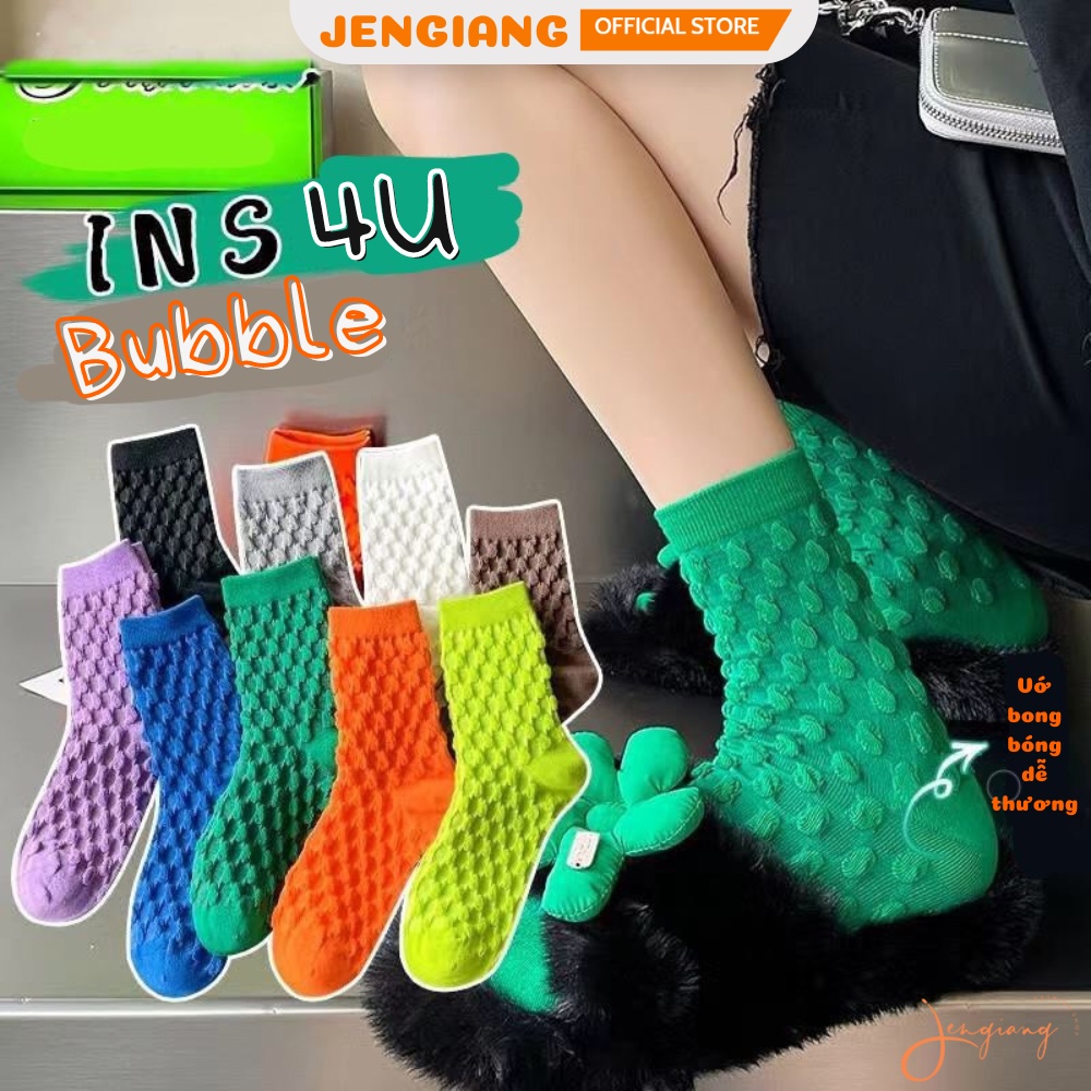 Tất vớ nhiều màu cao cổ nữ Jengiang cotton dệt nổi chìm lưới bong bóng giữ ấm phong cách cá tính năng động Hàn Quốc