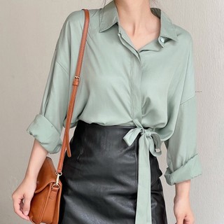 Áo sơ mi tay dài kiểu cột nơ bên trơn màu xanh mint, trắng, kem, xanh biển thanh lịch, dịu dàng