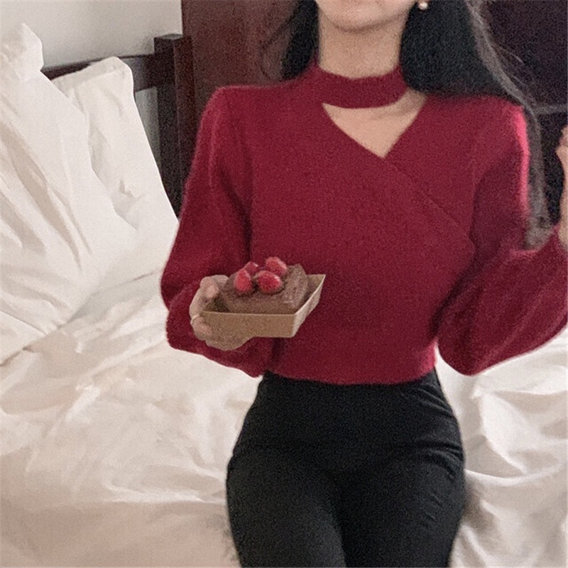 Áo dệt kim SUXI dài tay cổ chữ V trễ vai gợi cảm cho nữ