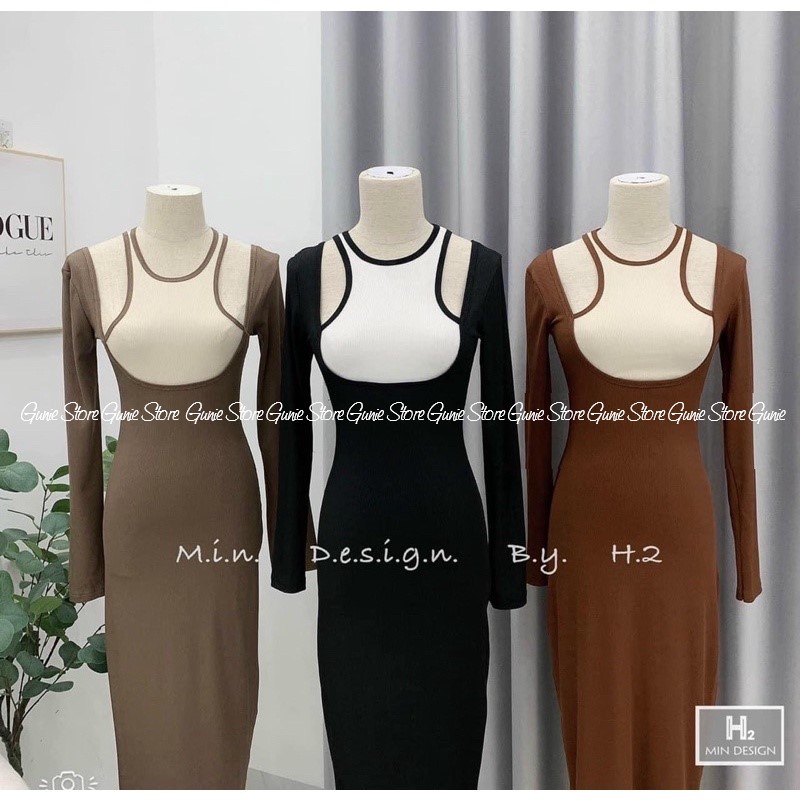 SALE Váy Len Tăm, Đầm Khoét Vai Phối Ngực Hàng Có Sẵn Ship Hỏa Tốc Gunie Store