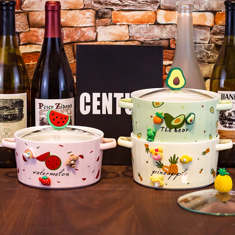 Bát Gốm Ăn Mì Trái Cây Tức Thì Với Nắp Đậy Tai Đôi Dễ Vệ Sinh Nhiệt Độ Cao Có Thể Dùng Trong Lò Vi Sóng