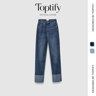 Quần Cullotes jeans nữ TOPTIFY jeans dài ống suông xăn lai Harlow Jean TQJ43