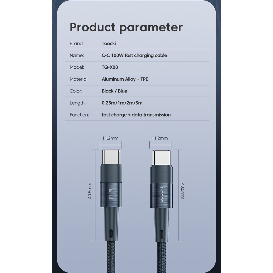 Cáp sạc nhanh Toocki 100W Type C sang USB C chuyên dụng dài 0.25M 1M 2M 3M