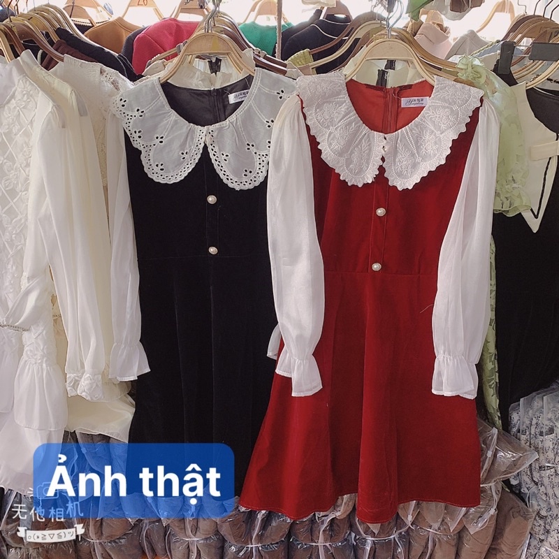 ĐẦM NHUNG CỔ TAY PHỐI TRẮNG