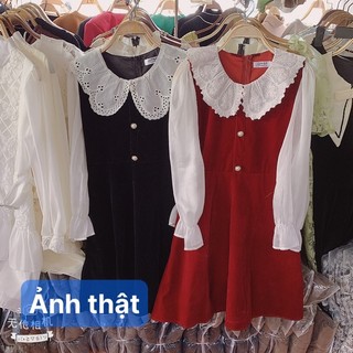 ĐẦM NHUNG CỔ TAY PHỐI TRẮNG