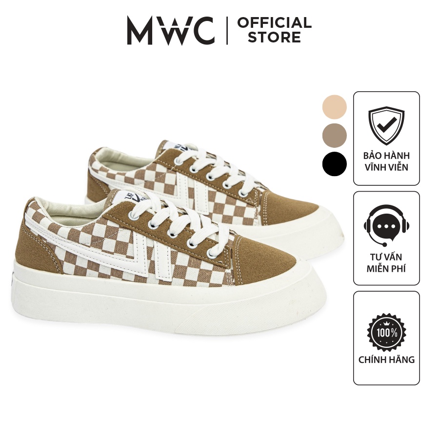 Giày MWC 0639 - Giày Thể Thao Nữ, Sneaker Da Đế Bánh Mì Họa Tiết Sọc Caro Thời Trang