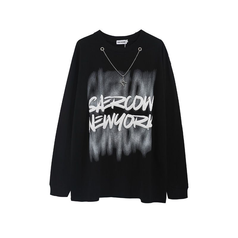 Áo Thun Đen Tay Dài Cổ Tròn Dáng Rộng Phối Dây Xích Thời Trang Mùa Thu Cho Nam Giới Có Size S-2Xl