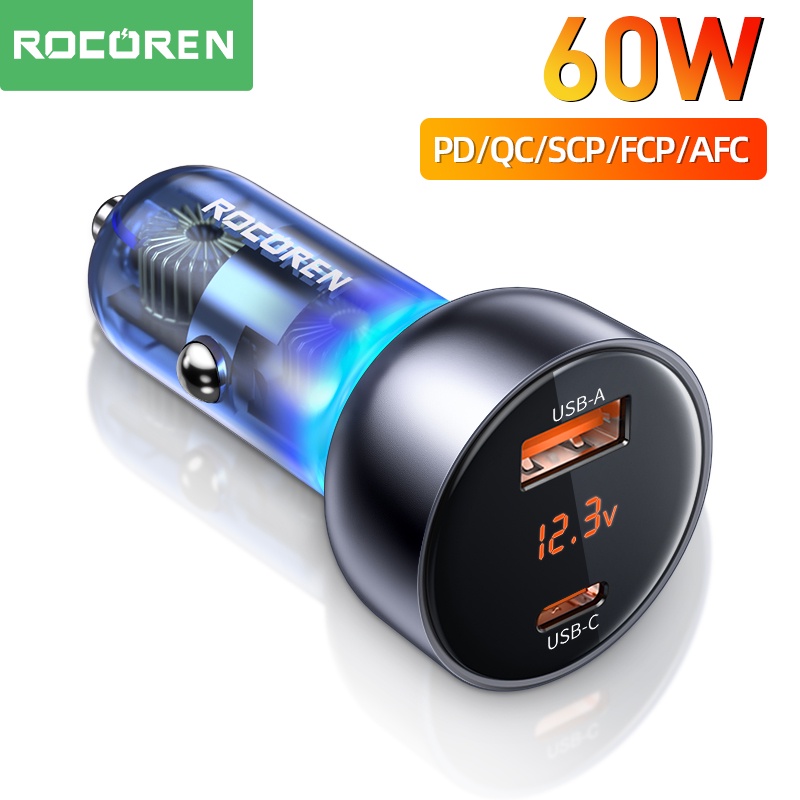 Tẩu sạc nhanh Rocoren QC PD 60W cổng USB Type C thích hợp cho iPhone 14 13 12 iPad Xiaomi Samsung Huawei