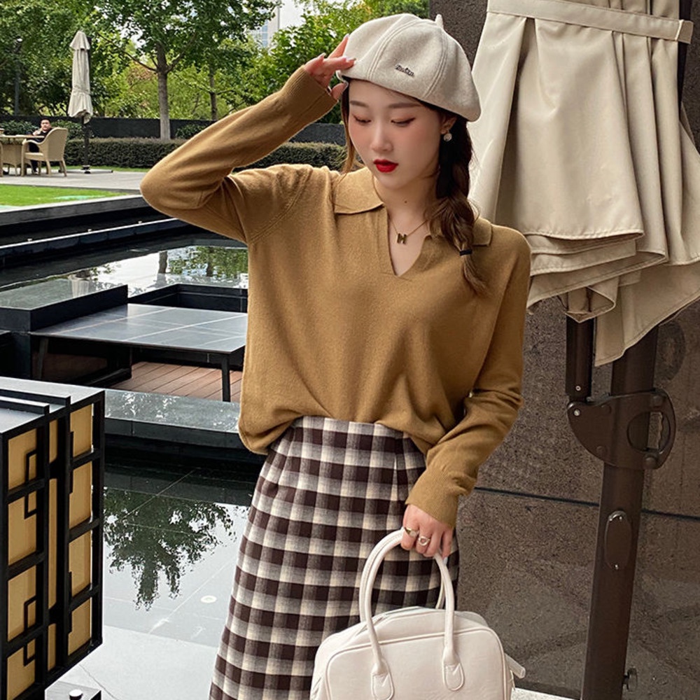 Áo Sweater Dệt Kim Mỏng Tay Dài Cổ polo Màu Sắc Đơn Giản Thời Trang Thu Đông Cho Nữ