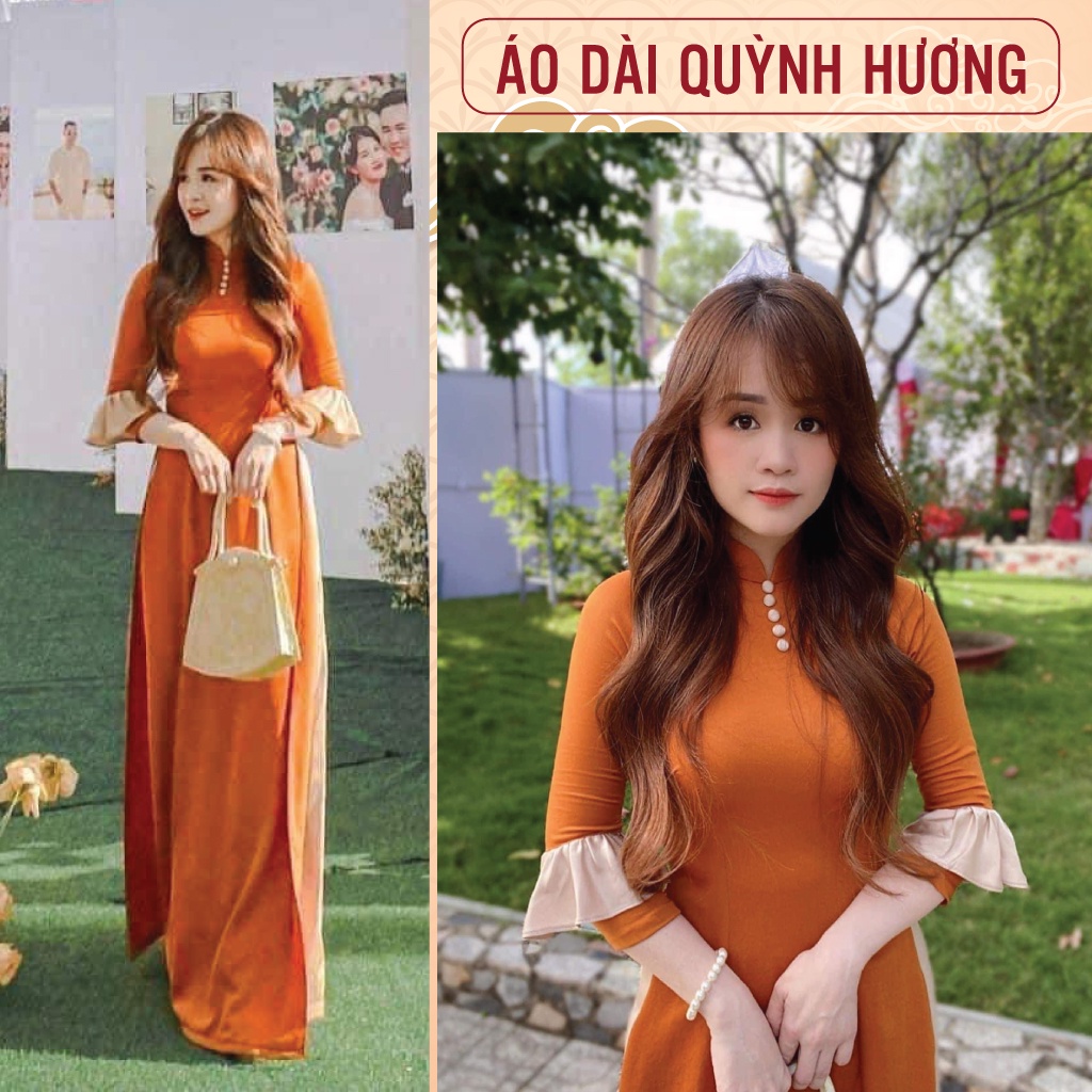 Áo dài lụa tây thi màu Cam đất tay cách điêu by Quỳnh Hương