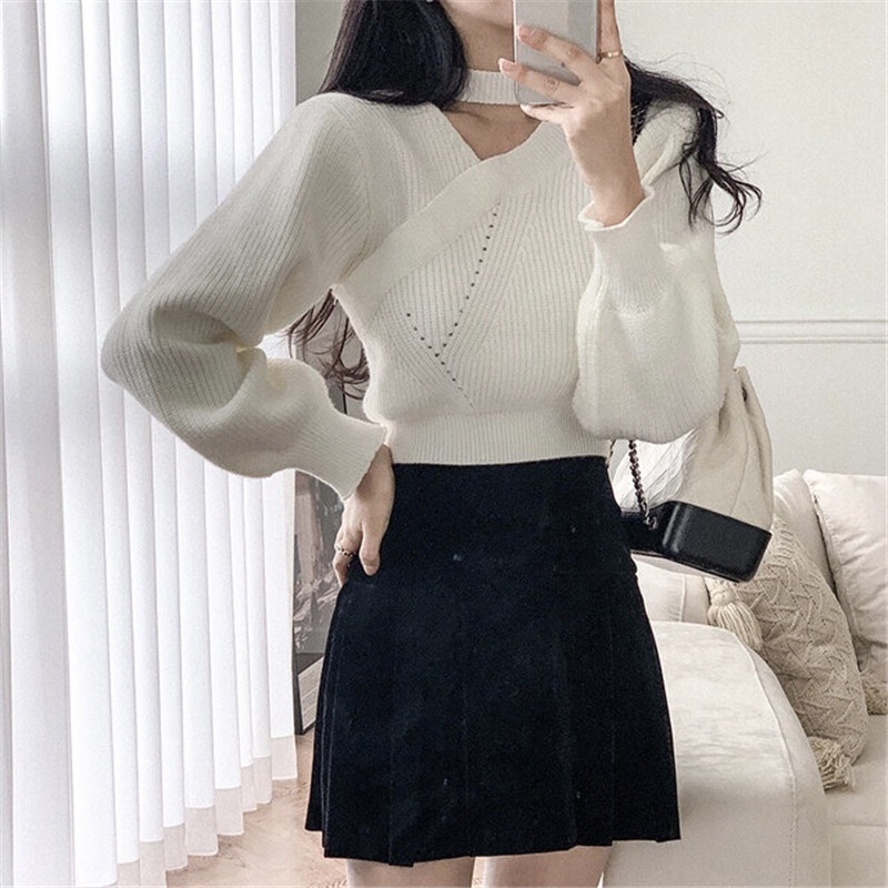 Áo dệt kim SUXI dài tay cổ chữ V trễ vai gợi cảm cho nữ