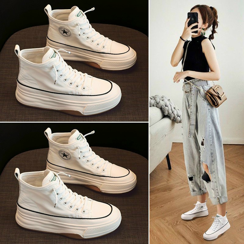 Giày sneaker nữ cổ cao vải canvas, giày nữ đế độn 5cm