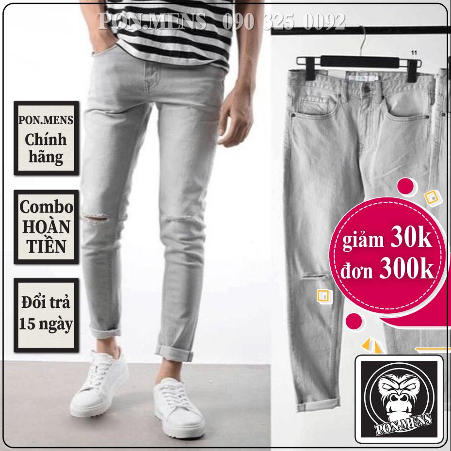 Quần jean nam màu ghi bạc rách gối co giãn tốt pon.mens