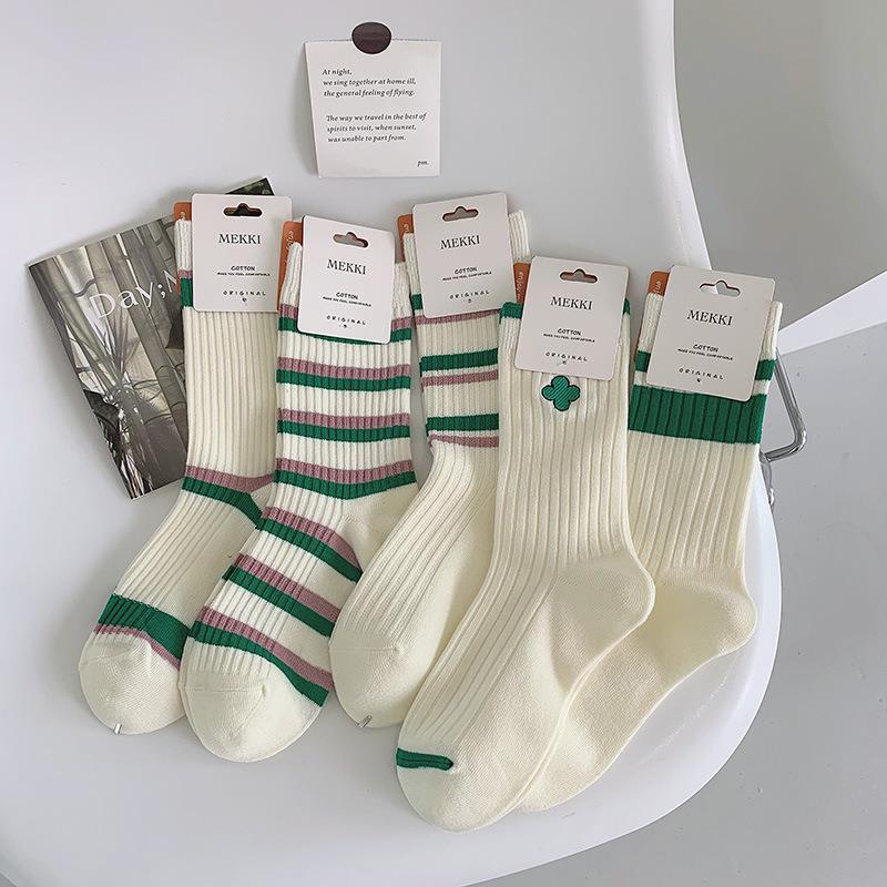 Vớ Cotton Cổ Cao Vừa Thêu Họa Tiết Sọc Màu Sắc Tương Phản Phong Cách Nhật Hàn Thời Trang Cho Nữ