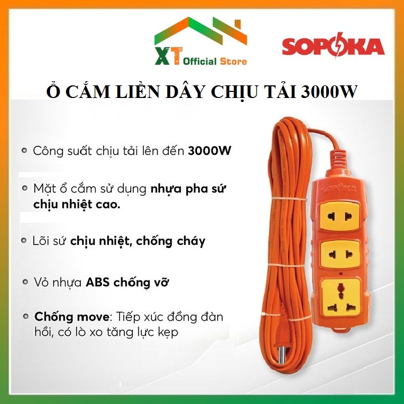 Ổ Cắm Liền Dây Sopoka Chịu Tải Công Suất 3000W SOPOKA Chống Va Đập,Ổ Cắm Thợ Công Trình