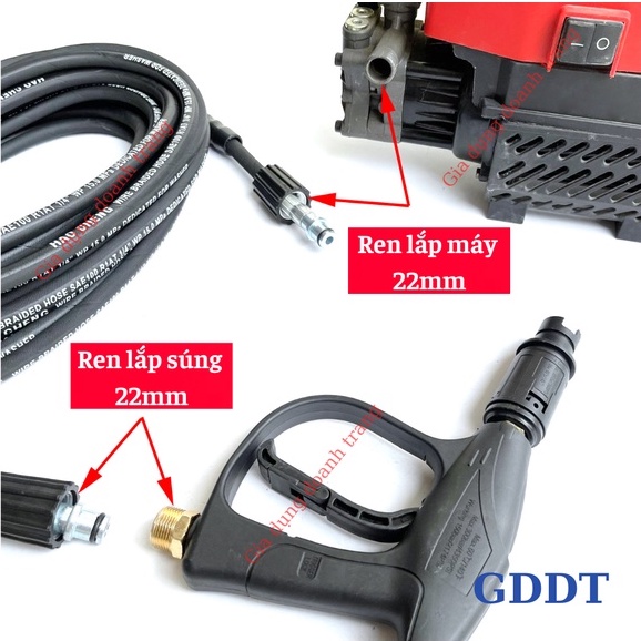 Dây xịt rửa xe áp lực cao lõi thép 10m hai đầu ren 22mm, phụ kiện máy rửa xe