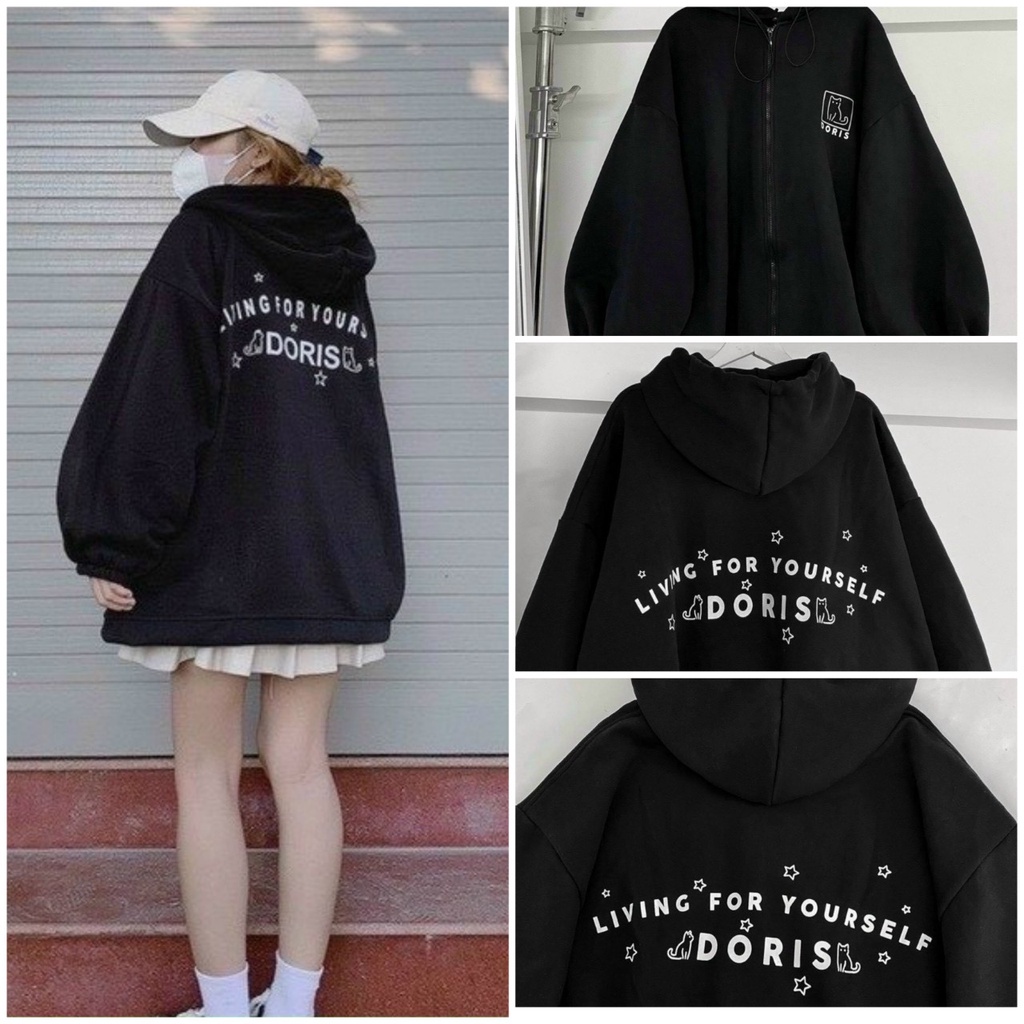 Áo Khoác Nỉ Có Nón Mũ 2 Lớp Tay Phồng Thụng Chữ DORIS Thu Đông💖FREESHIP ĐẸP💖Hoodie Unisex Hàn Quốc Cặp Nam Nữ Chống Nắng