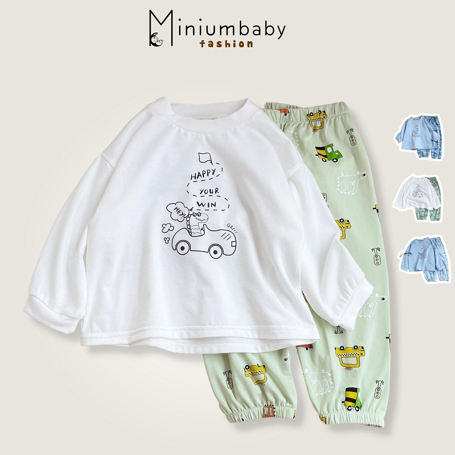 Bộ đồ dài tay quần dài khủng long ô tô thu đông cho bé trai chất liệu 100% cotton, quần áo trẻ em MiniumBaby-SB1325