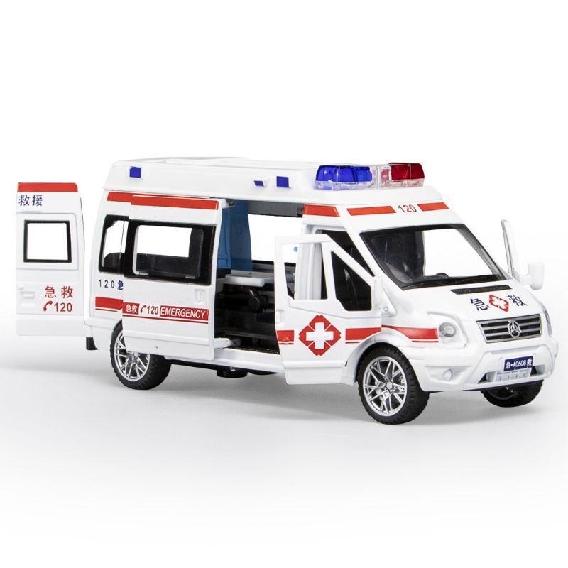 Mô hình xe cứu thương kim loại âm thanh đèn mở 5 cửa có cán cứu thương