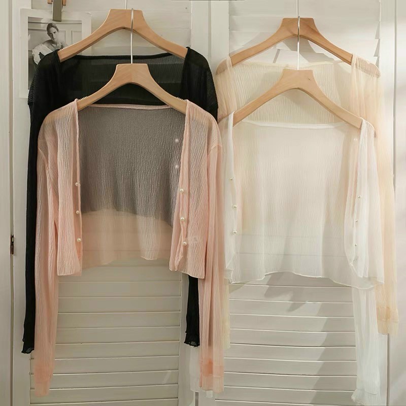 Áo Khoác Voan Xốp Lửng Nút Gài Tay Dài 2 Tầng Dáng Rộng Cao Cấp Ulzzang