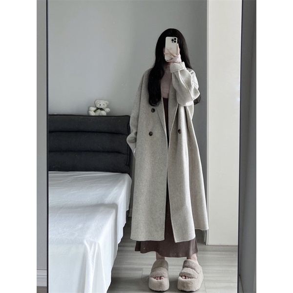 Áo khoác dạ ép dáng dài cổ vets phối cúc kèm đai phong cách Hàn Quốc hot ulzzang