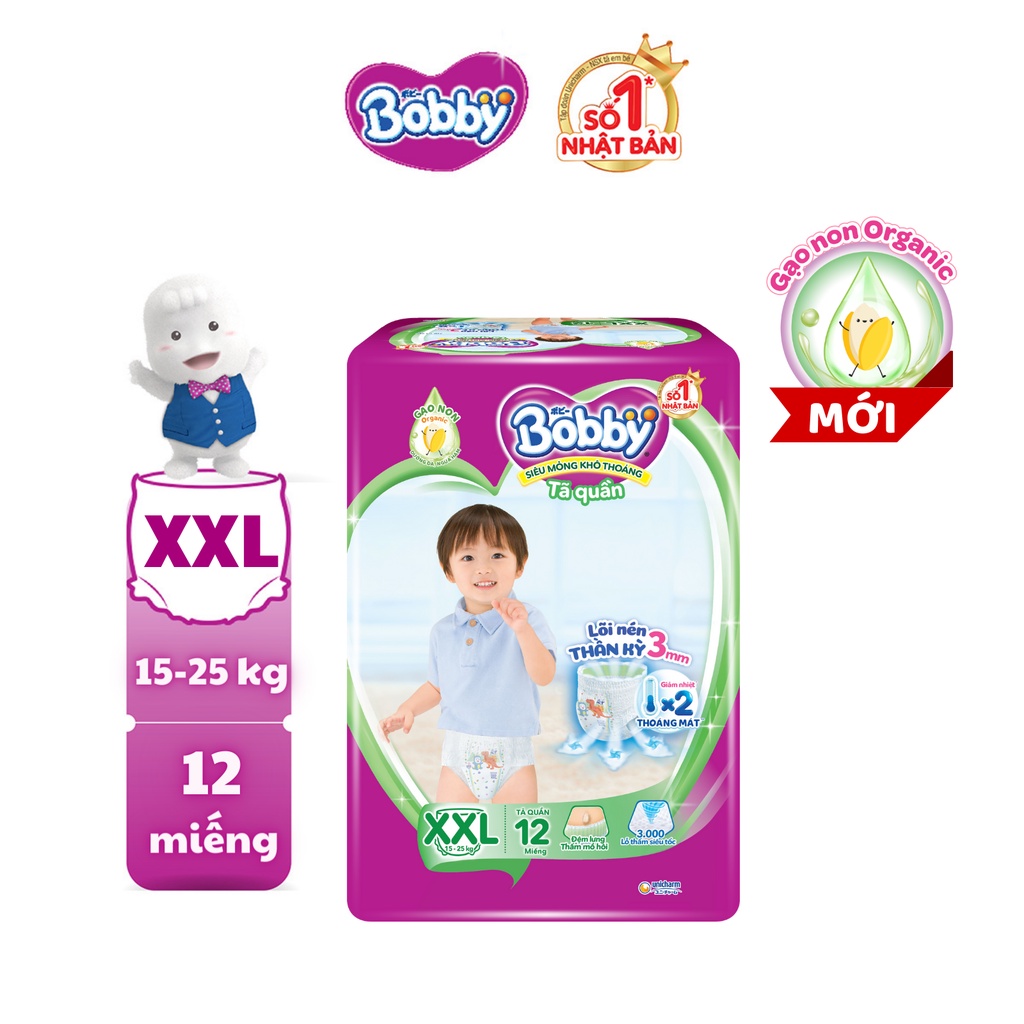 [MỚI] Tã quần Bobby Lõi nén thần kỳ 3mm Gạo non S20/M18/L16/XL14/XXL12