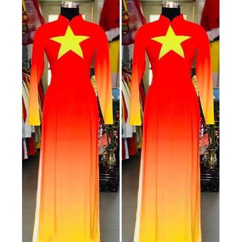 Áo dài truyền thống cờ đỏ sao vàng in 3d đẹp kèm quần may sẵn, áo dài Việt Nam thiết kế in màu loang