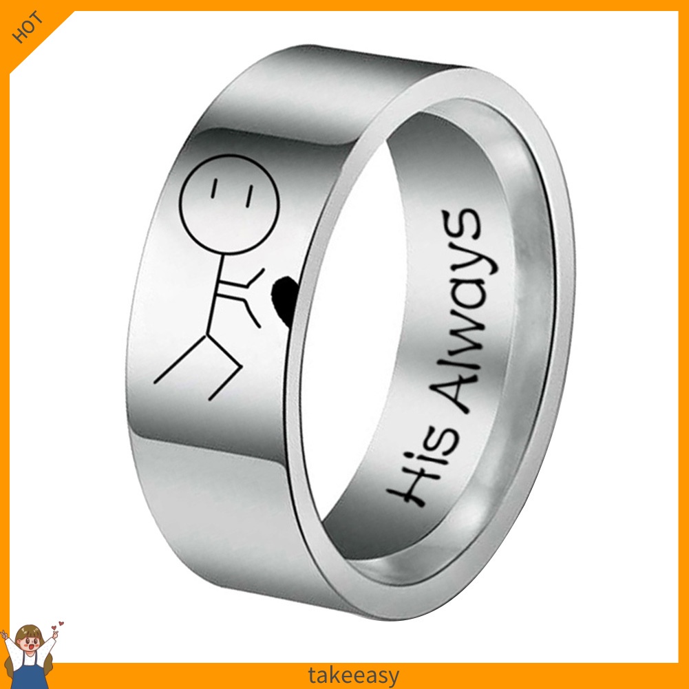 Nhẫn cặp đôi bằng thép không gỉ họa tiết hoạt hình chữ Her Forever/ His Always