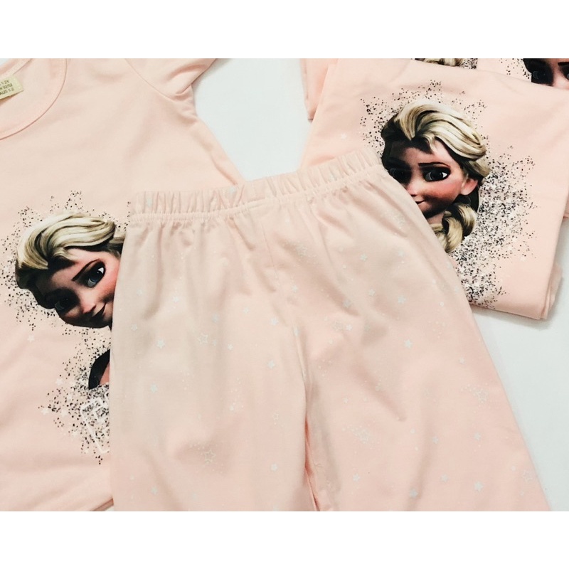 Bộ cotton dài tay in hình Elsa cho bé gái màu hồng size từ 12-30 cân