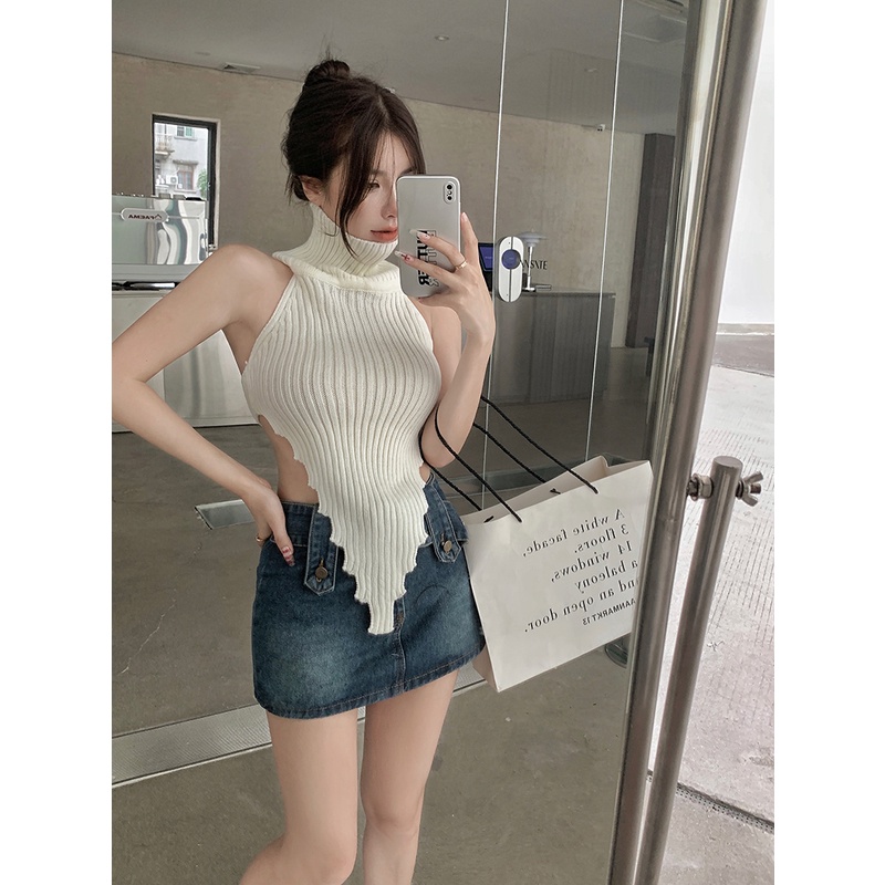Áo Dệt Kim Sát Nách Cổ Cao Hở Lưng Quyến Rũ Thời Trang Hàn Quốc Cho Nữ croptop