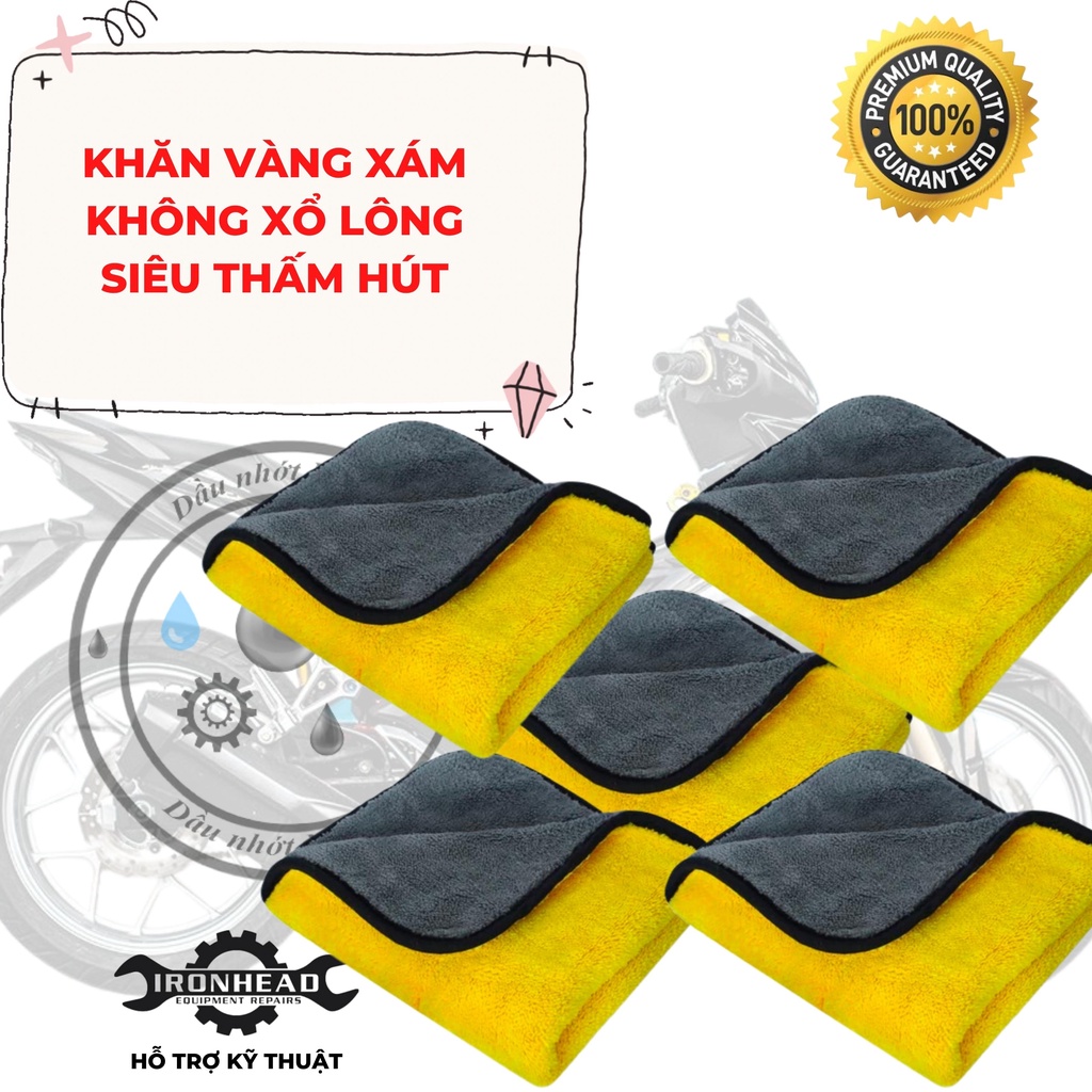 Khăn Lau Đa Năng Microfiber 2 Mặt Vàng - Xám Siêu Thấm Cực Dày Không Đổ Lông Chuyên Dụng Cho Ô Tô Xe Hơixe máy