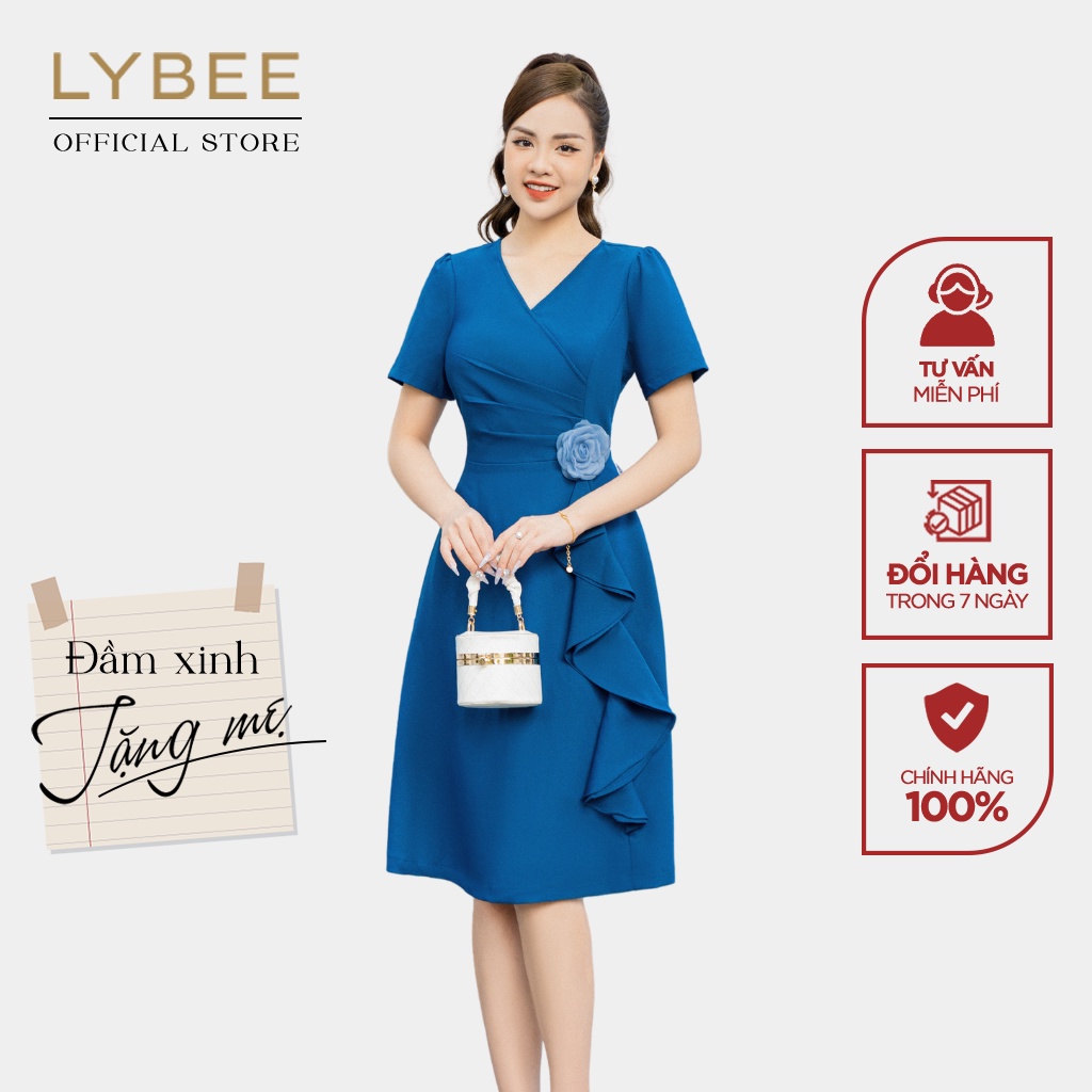 Váy công sở thiết kế LYBEE phong cách thanh lịch chất liệu sạn cao cấp màu xanh dương cuốn hút SV593